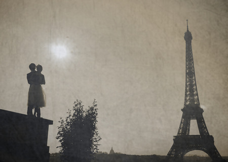 Couple of young Chinese married in front of the Eiffel tower in Paris, Franceの写真素材