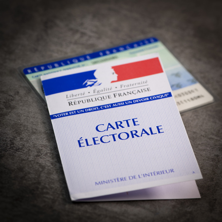 French electoral voter cards official government allowing to vote paper on grey backgroundの写真素材