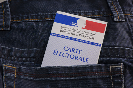 French electoral voter card official government allowing to vote paper in jeans back pocketの写真素材