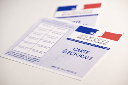 French electoral voter cards official government allowing to vote paper on white backgroundの写真素材