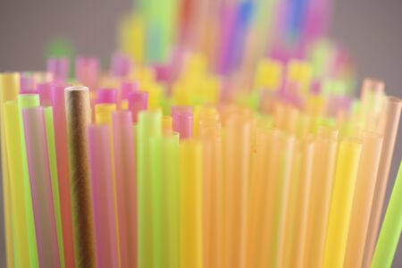 Natural Straw and straws plastic drinking background colourful full screen many group plastic single use ban banned in EUの写真素材