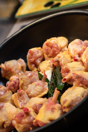 Recipe fins, chicken drumstick, chicken, in a plate, in a panの写真素材
