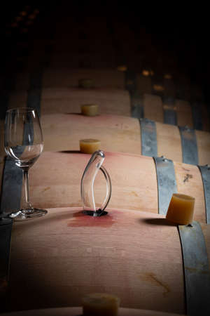 FRANCE, GIRONDE, SAINT-EMILION, SAMPLING A GLASS OF WINE IN A BARREL WITH A PIPETTE FOR TASTING AND...