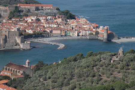 The amazing aerial view over Collioure from Fort Saint Elme surrounded by vineyards, Vermeille coast, Franceの写真素材