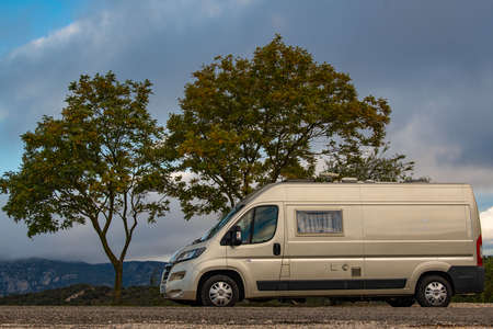 Camping holidays car on the mountain road, France