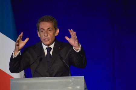 BORDEAUX, FRANCE - NOVEMBER 22, 2014 : Political meeting of the former President of the Republic, Nicolas Sarkozy in Bordeaux with Alain Juppe Mayor of the Cityのeditorial素材