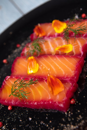 Recipe for gravlax salmon marinated with beet and avocado mayonnaise sauceの写真素材