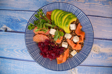 RECIPE SUMMER SALAD LENTILS AVOCADO SALMON, BEET CHEESE PURSLANE, GRAPEFRUITの写真素材