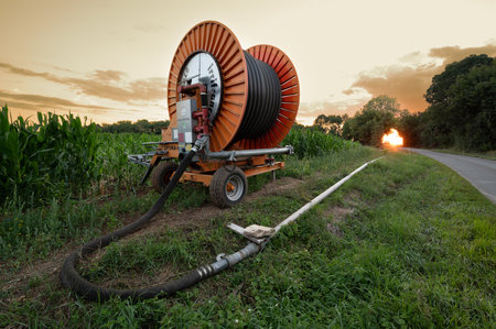 Water sprinkler irrigation system, Farming field with irigation siststems at sunsetの写真素材