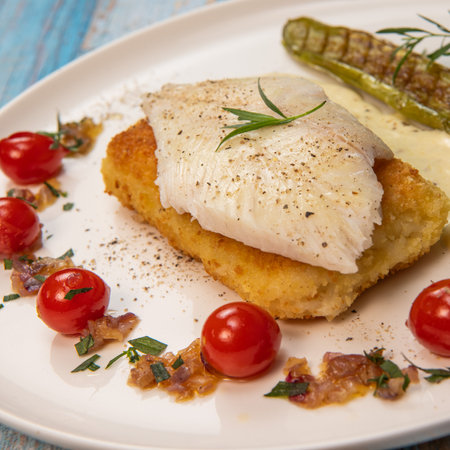 FISH RECIPE, SAINT-PIERRE SEAFISH, FILLET ACCOMPANIED BY PANNE RICE, THAI AUBERGINE, TOMATO, SHALLOT, TARRAGON AND CREAMY SAUCE WITH MUSTARD AND LEMONの写真素材