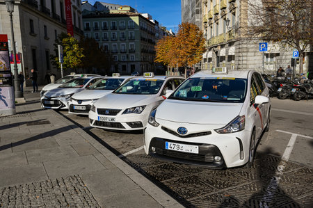 Madrid, Spain, Nov 18, 2023, Lots of white taxis waiting in Madrid, Spain