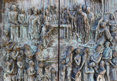 MADRID, SPAIN, Nov 17, 2023, Door, Bas relief, Sculpture of the Cathedral of Santa Maria la Real de la Almudenaのeditorial素材