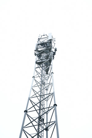 Deployment of the 5G network. Laying antennas on a mobile phone mast in the winter atmosphere. France, Gironde, February 2024の写真素材