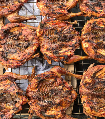 Delicious chickens wings and lamb barbecue on hot grillの写真素材