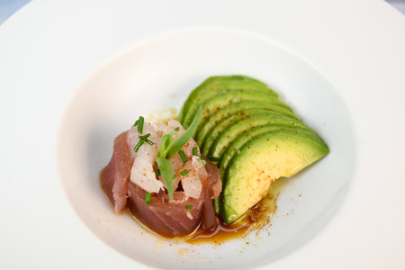 FISH CEVICHE RECIPE, SEA BREAM AND TUNA, AVOCADO, BELL PEPPER, CHILLI, CHIVES, LEMON, OLIVE OIL,...