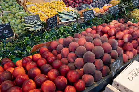 Fresh fruit on sale at a market stall in Rouenの写真素材
