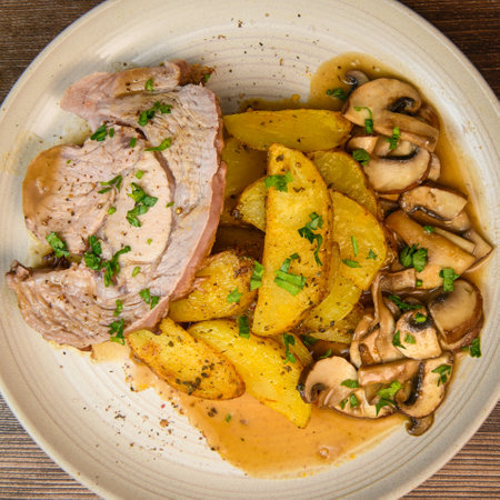 VEAL ROAST, FRIES AND MUSHROOMS WITH SAUCEの写真素材