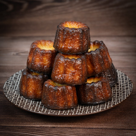 Canneles de bordeaux, traditional French sweet dessert with white table backgroundの写真素材