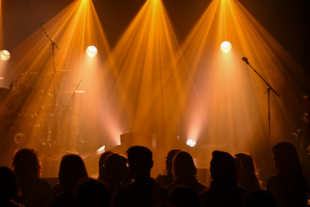 Musicians prepare for a lively concert with colorful lighting and engaged audience silhouetted against the stage backdropの写真素材
