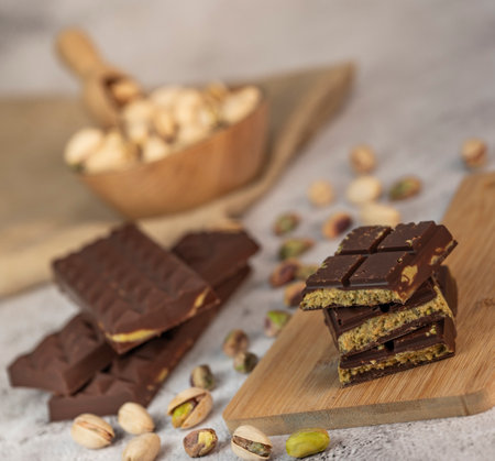 Delicious chocolate bar with pistachio pieces showcased in a Dubai setting, perfect for dessert...