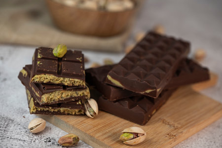 Delicious chocolate bar with pistachio pieces showcased in a Dubai setting, perfect for dessert loversの写真素材