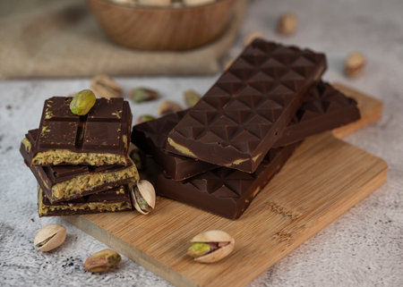 Delicious chocolate bar with pistachio pieces showcased in a Dubai setting, perfect for dessert loversの写真素材