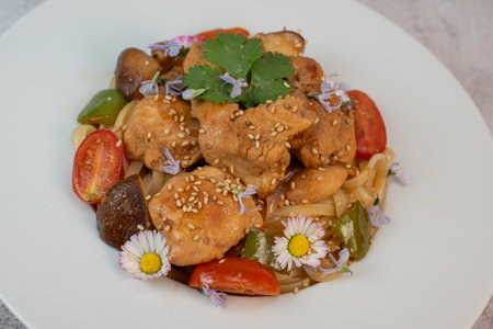 Delicious chicken, shiitake mushrooms pasta dish for a delightful dining experienceの写真素材