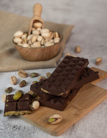 Delicious chocolate bar with pistachio pieces showcased in a Dubai setting, perfect for dessert loversの写真素材