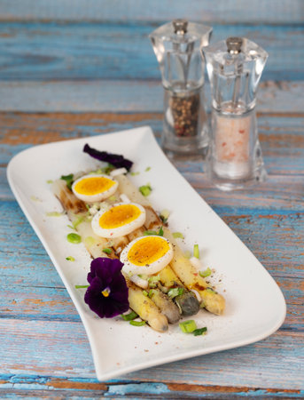 Baked asparagus with boiled egg in big white plate on blue backgroundの写真素材