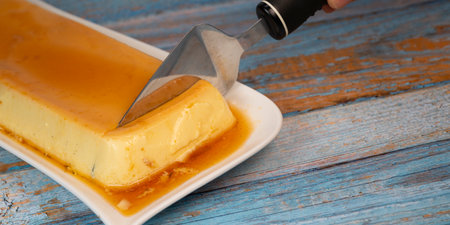 Cream caramel pudding with caramel sauce on a plate, Flan
