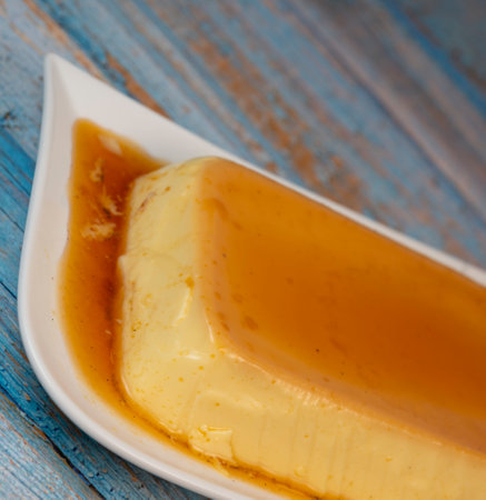 Cream caramel pudding with caramel sauce on a plate, Flanの写真素材