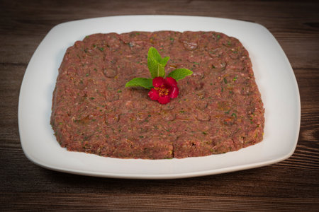 Delicious Lebanese Kebbe Naye garnished with olive oil and fresh mint on a rustic wooden tableの写真素材