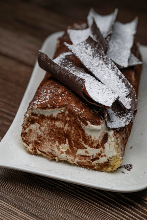 Tiramisu Tronchetto Dessert, Italian Yule Log Christmas dessert with chocolate bark