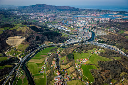 Scenic view of Peage Biriatou and Hendaye from above with green landscapesの写真素材