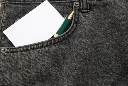 blank business card and ball point in jean front pocket