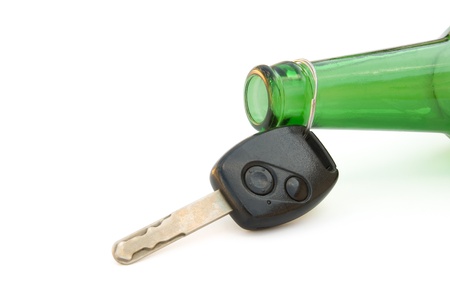 drunk driving conceptual, key and beer bottle with clipping pathの写真素材
