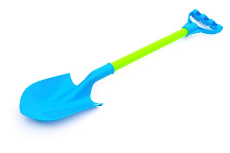 blue plastic toy shovel on a white backgroundの写真素材
