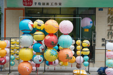 ZHONGSHAN GUANGDONG CHINA - SEP 16, 2015: store sells different lanterns for Chinese Mid Autumn Festival on SEP 16, 2015 in Zhongshan, Guangdong, China. SEP 27 is the Mid Autumn Festival for 2015.のeditorial素材