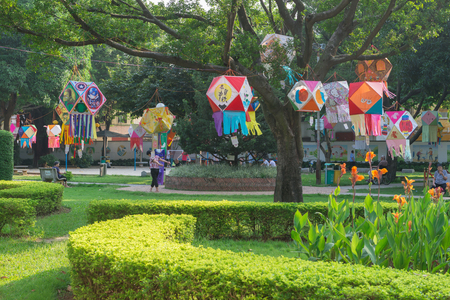 ZHONGSHAN GUANGDONG CHINA-SEP 27, 2015: Lanterns hanging in a Park in the morning of the Chinese Mid Autumn Festival on SEP 27, 2015 in Zhongshan, Guangdong, China.のeditorial素材