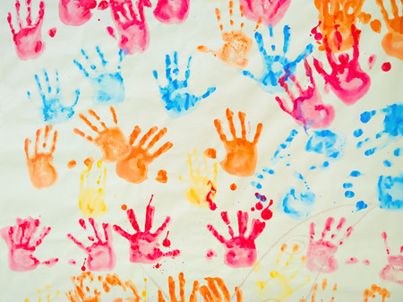 colorful hand prints of kidsの写真素材