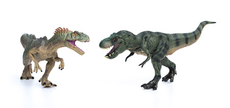 tyrannosaurus and allosaurus toy on a white backgroundの写真素材