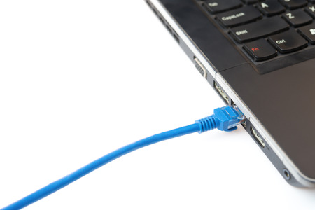 blue network cable connecting to a laptop on whiteの写真素材