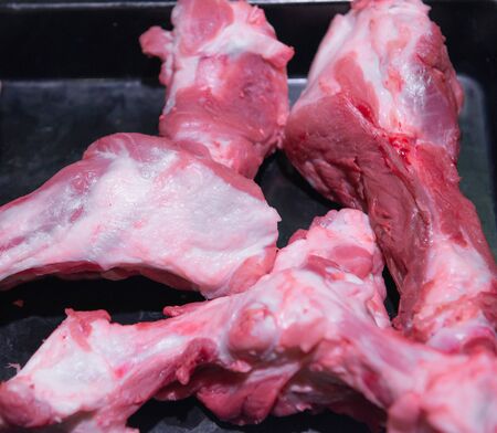 raw pork ribs on sale in a supermarketの写真素材