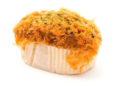 bread with shredded pork on top on a white backgroundの写真素材