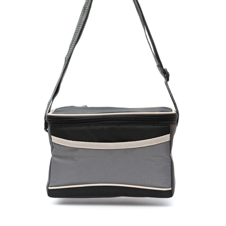 grey lunch pack carrier hanging up on a white backgroundの写真素材