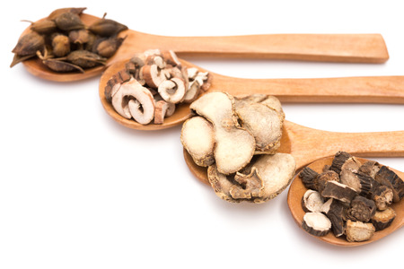 chinese herbs on wooden spoons at a white backgroundの写真素材