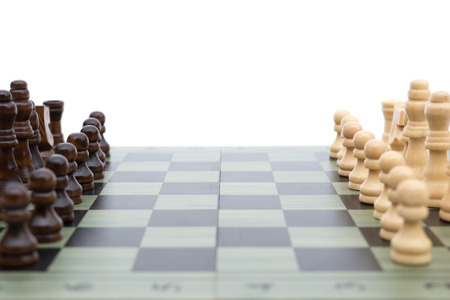 chess board with chess pieces on whiteの写真素材