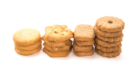 side view of different sweet cookies on a white backgroundの写真素材