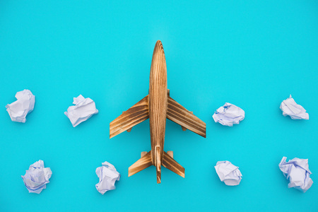 airplane on blue with dummy cloudの写真素材