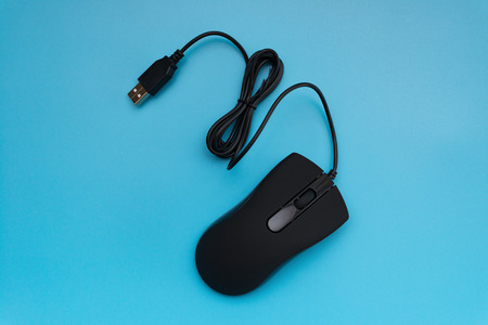 top view black mouse on blue backgroundの写真素材